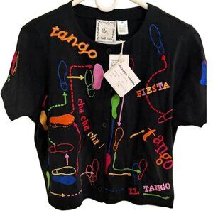 90's Vintage Michael Simon Novelty Tango Embroidered Cardigan Blouse Sz M